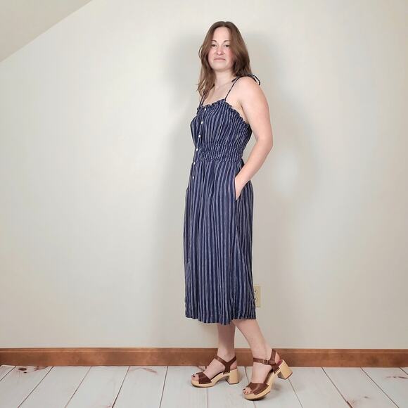 Universal Thread Navy White Striped Smocked Linen Blend Midi Dress W's Large - Picture 3 of 11